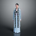Blue Traditional Robe With Black White Floral Embroidery And Decorative Patterns