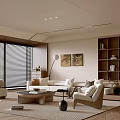 Modern Living Room Interior With Sofa Armchairs Coffee Table Bookshelf Decorative Paintings And Window Blinds