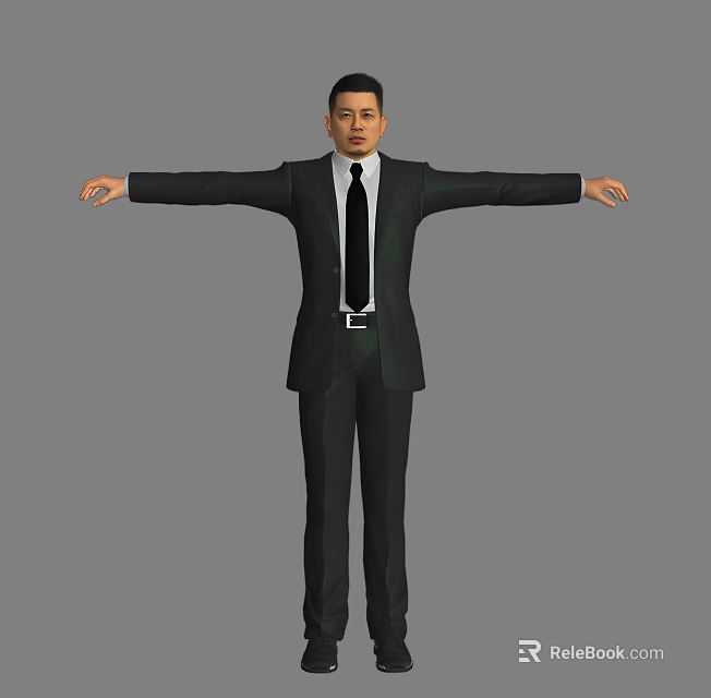 The Man in Black Suit With Tie Standing With Arms Outstretched Against Grey Background 3d model 