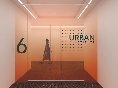 Urban Institute Entrance With Glass Doors Number 6 Walking Figure And Warm Lighting 3d model