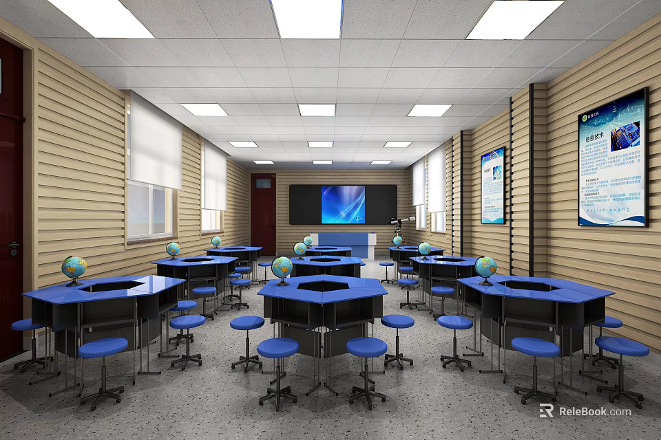 School Classroom With Blue Tables Chairs Globes TV And Whiteboards For Learning 3d model 