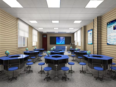 School Classroom With Blue Tables Chairs Globes TV And Whiteboards For Learning 3d model