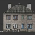 Cartoon Style 3D Brick Building Scene With Gray Roof Chimneys Windows And Base Reflection