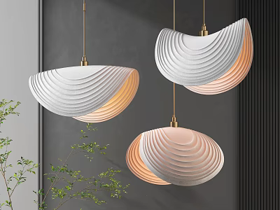 Modern White Pendant Lights With Wavy Texture And Gold Accents In Indoor Space With Plants 3d model
