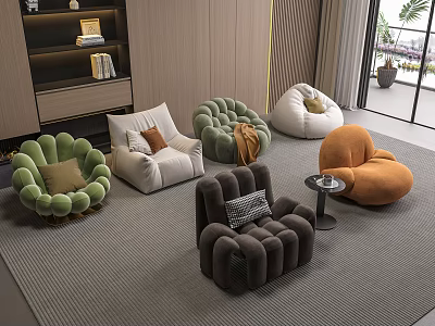 Modern Colorful Sofa and Coffee Table Set with Round Plush Seats and Cozy Cushions 3d model