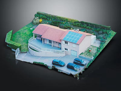 Single Family House Featuring Red Roof Solar Panels Driveway And Two Cars On Green Lawn 3d model