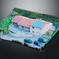 Single Family House Featuring Red Roof Solar Panels Driveway And Two Cars On Green Lawn