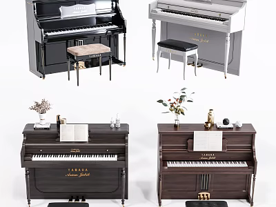 Musical Instruments and Art Supplies Including Various Pianos with Stools Sheet Music and Decorative Vases 3d model