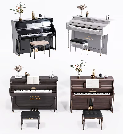 Musical Instruments and Art Supplies Including Various Pianos with Stools Sheet Music and Decorative Vases 3d model