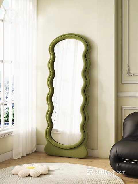 Green Wavy Frame Full Length Mirror Against Light Wall With White Curtain Black Sofa 3d model 