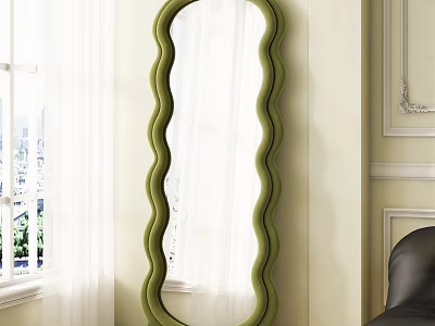 Green Wavy Frame Full Length Mirror Against Light Wall With White Curtain Black Sofa 3d model