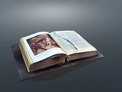 Open Old Book With Colorful Illustration And Golden Edges On Dark Platform 3d model