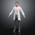 Man Wearing White Lab Coat Blue Gloves Gray Pants And Gray Shoes On Dark Background
