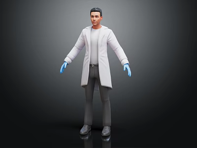 Man Wearing White Lab Coat Blue Gloves Gray Pants And Gray Shoes On Dark Background 3d model