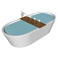White Freestanding Bathtub Interior Design With Wooden Shelf And Bottles In Water