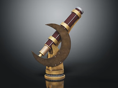 Vintage Telescope With Crescent Shaped Stand Red Golden Tubes And Metal Base 3d model