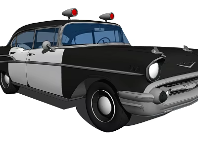 Vintage Black And White Police Car With Red Emergency Lights On Roof 3d model