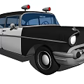 Vintage Black And White Police Car With Red Emergency Lights On Roof