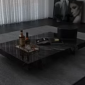 Modern Marble Top Coffee Table With Bottles Tray On Rug Curtains Wall Art And Plants