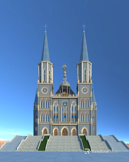 European Architecture With Twin Blue Spires Arched Windows Clocks And Dome Against Blue Sky 3d model 