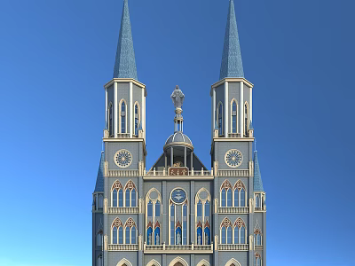 European Architecture With Twin Blue Spires Arched Windows Clocks And Dome Against Blue Sky 3d model