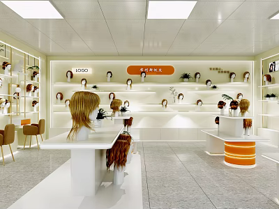 Mall Wig Shop Interior with Mannequin Heads Shelves White Counters Orange Sign Bright Display Chairs 3d model