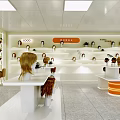 Mall Wig Shop Interior with Mannequin Heads Shelves White Counters Orange Sign Bright Display Chairs