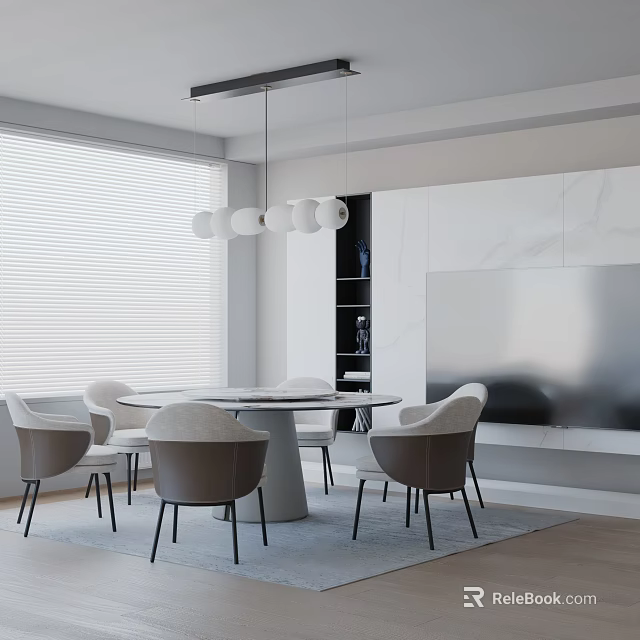 Round White Dining Table Set with Gray Chairs Black Legs Pendant Light and Window Blinds 3d model 