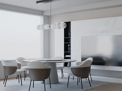 Round White Dining Table Set with Gray Chairs Black Legs Pendant Light and Window Blinds 3d model