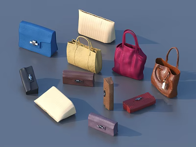 Assortment Of Stylish Bags Including Handbags Clutches And Wallets In Multiple Colors 3d model