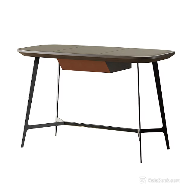 Modern Desk with Dark Tabletop and Brown Drawer on Black Metal Legs for Minimalist Workspace 3d model 