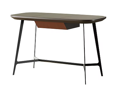 Modern Desk with Dark Tabletop and Brown Drawer on Black Metal Legs for Minimalist Workspace 3d model