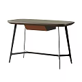 Modern Desk with Dark Tabletop and Brown Drawer on Black Metal Legs for Minimalist Workspace