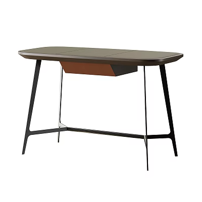 Modern Desk with Dark Tabletop and Brown Drawer on Black Metal Legs for Minimalist Workspace 3d model