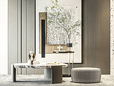 Modern Coffee Table With Marble Top In Interior Featuring Decorative Painting And Green Plant 3d model