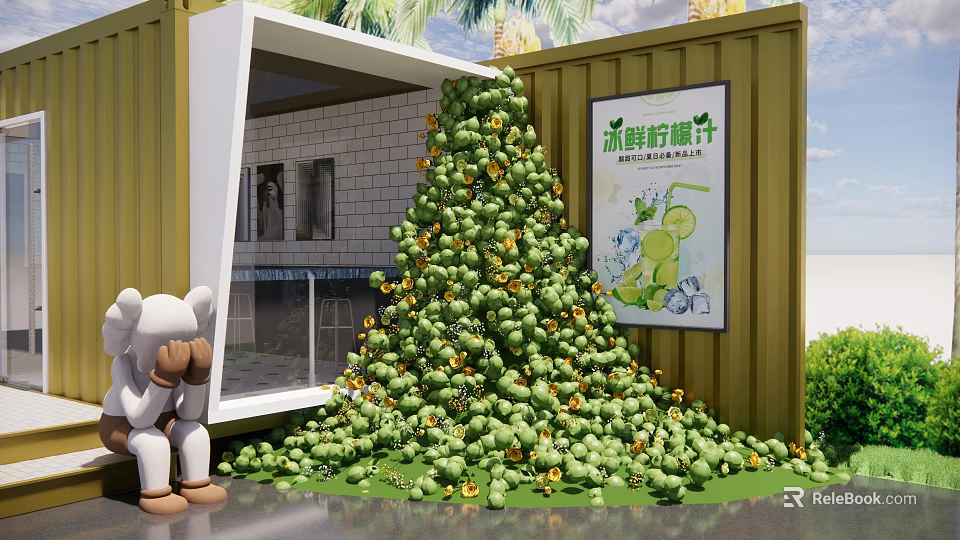 Vibrant Photo Check-in Spot Featuring Green Lime Stack White Bear Figure And Shipping Container 3d model 