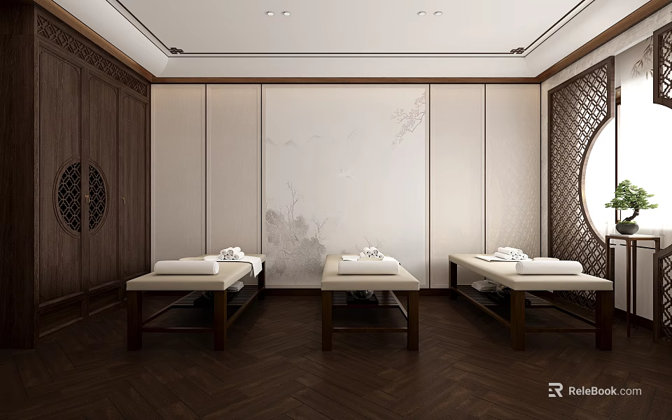 Elegant Chinese Style SPA Sauna Room With Wooden Decor And Massage Beds 3d model 