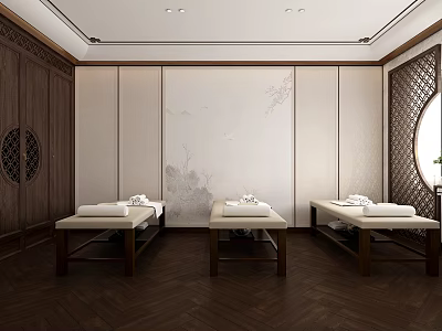 Elegant Chinese Style SPA Sauna Room With Wooden Decor And Massage Beds 3d model