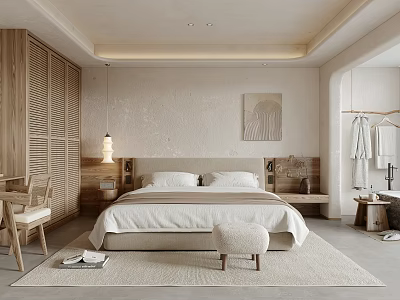 Serene Hotel Room Interior With Wooden Furniture King Bed Soft Rug Hanging Lamp And Bathrobes 3d model
