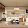 Middle Ancient Living Room Two-Person Sofa Single-Person Sofa Floor Lamp Chandelier Sofa Background Wall Single-Person Sofa 3d model