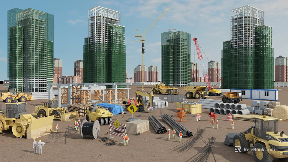 Busy Construction Site With Tall Buildings Cranes Heavy Machinery Materials And Workers 3d model 