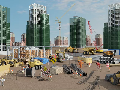 Busy Construction Site With Tall Buildings Cranes Heavy Machinery Materials And Workers 3d model