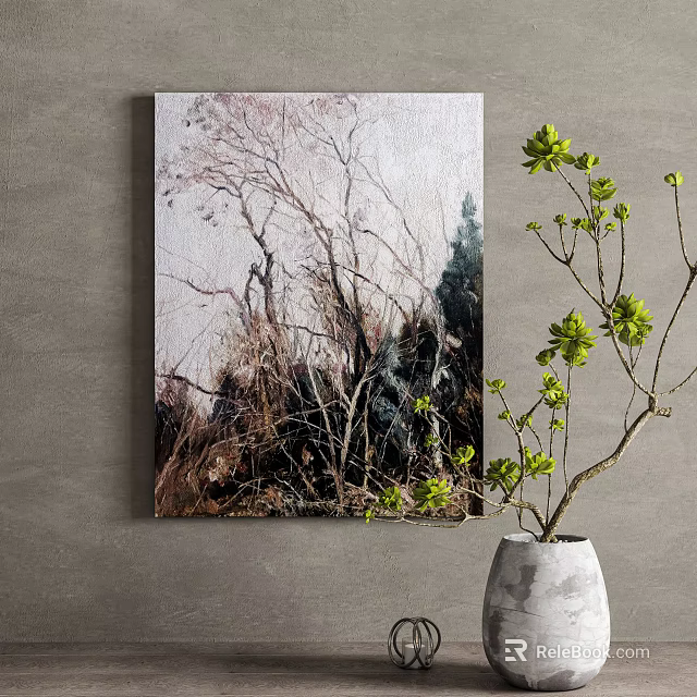 Tree Landscape Wall Art With White Vase Green Plant Interior Decor 3d model 