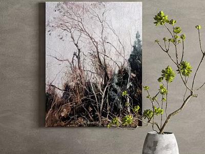 Tree Landscape Wall Art With White Vase Green Plant Interior Decor 3d model