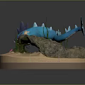 Blue Aquatic Creature with Open Mouth Seaweed Rock and Pink Flowers on Sandy Base