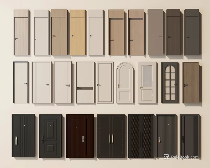 Various Styles of Hinged Doors with Multiple Colors Wood Finishes and Panel Patterns 3d model 