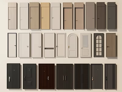 Various Styles of Hinged Doors with Multiple Colors Wood Finishes and Panel Patterns 3d model
