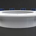 Modern Round Conference Table with White Surface and Blue White Chairs in Office Meeting Room