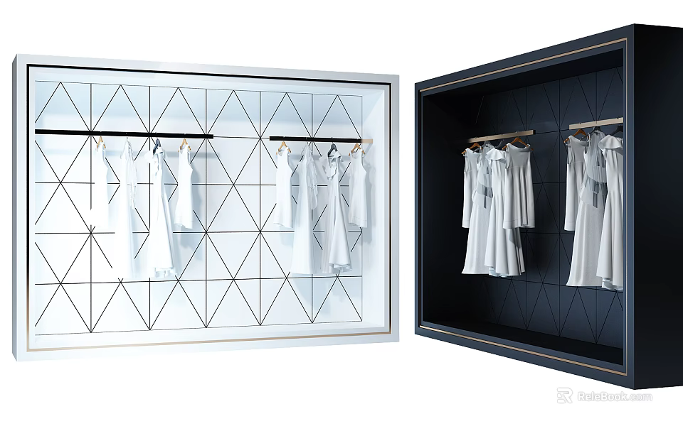 Stylish Shop Window Display With Geometric Glass And Hanging White Clothes 3d model 
