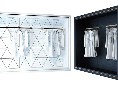 Stylish Shop Window Display With Geometric Glass And Hanging White Clothes 3d model